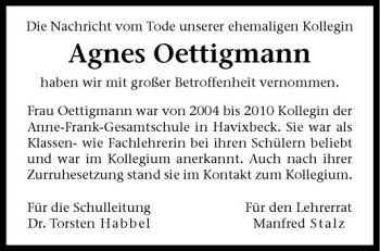 Anzeige von Agnes Oettigmann von Westfälische Nachrichten