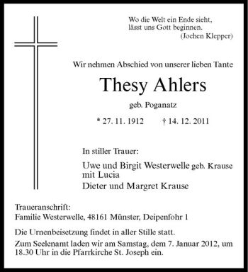 Anzeige von Thesy Ahlers von Westfälische Nachrichten