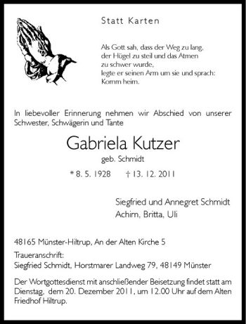 Anzeige von Gabriela Kutzer von Westfälische Nachrichten