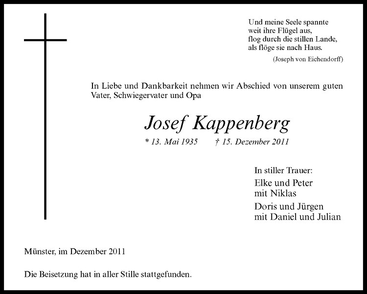  Traueranzeige für Josef Kappenberg vom 21.12.2011 aus Westfälische Nachrichten