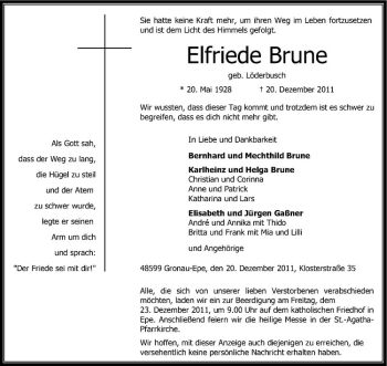 Anzeige von Elfriede Brune von Westfälische Nachrichten