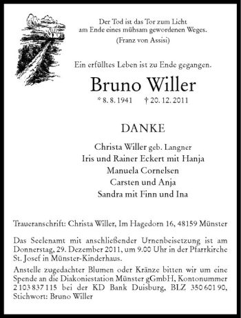 Anzeige von Bruno Willer von Westfälische Nachrichten