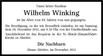 Anzeige von Wilhelm Winking von Westfälische Nachrichten