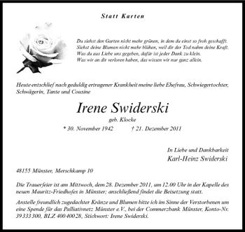 Anzeige von Irene Swiderski von Westfälische Nachrichten