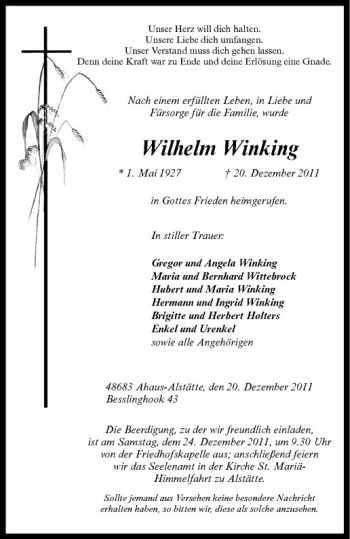 Anzeige von Wilhelm Winking von Westfälische Nachrichten