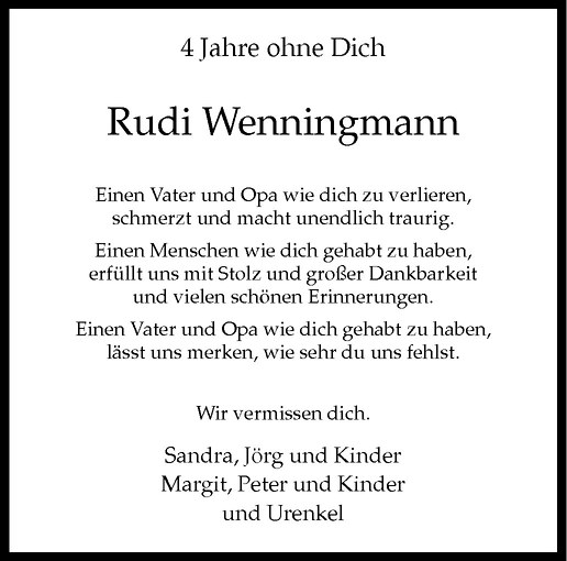  Traueranzeige für Rudi Wenningmann vom 27.12.2011 aus Westfälische Nachrichten