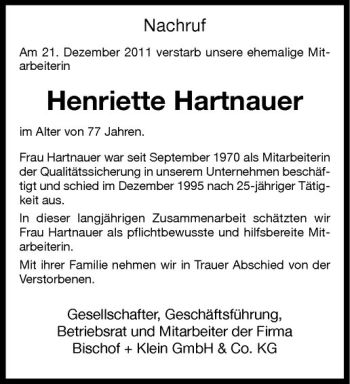 Anzeige von Henriette Hartnauer von Westfälische Nachrichten