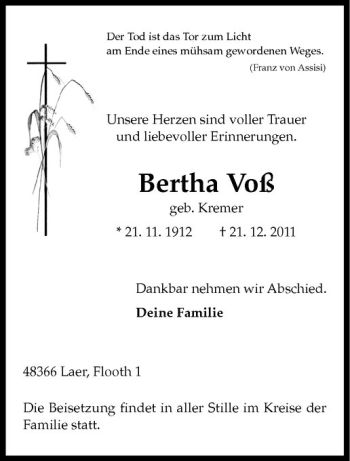 Anzeige von Bertha Voß von Westfälische Nachrichten