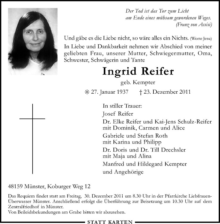  Traueranzeige für Ingrid Reifer vom 27.12.2011 aus Westfälische Nachrichten