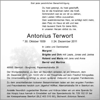 Anzeige von Antonius Terwort von Westfälische Nachrichten