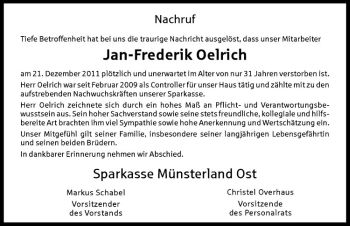Anzeige von Jan-Frederik Oelrich von Westfälische Nachrichten