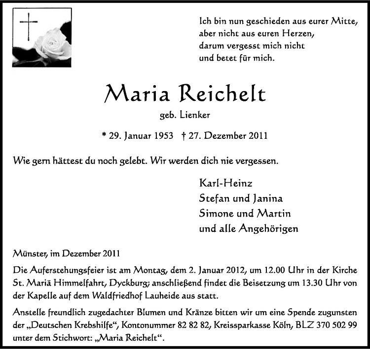  Traueranzeige für Maria Reichelt vom 30.12.2011 aus Westfälische Nachrichten