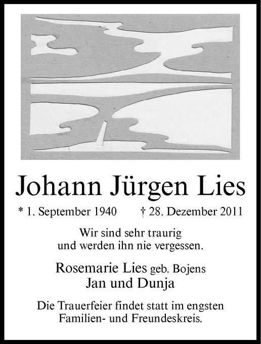  Traueranzeige für Johann Jürgen Lies vom 31.12.2011 aus Westfälische Nachrichten