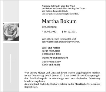 Anzeige von Martha Bokum von Westfälische Nachrichten