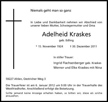 Anzeige von Adelheid Kraskes von Westfälische Nachrichten