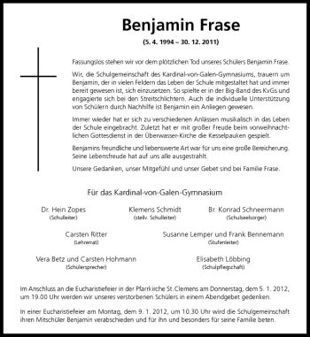 Anzeige von Benjamin Frase von Westfälische Nachrichten