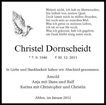 Anzeige von Christel Dorscheidt von Westfälische Nachrichten