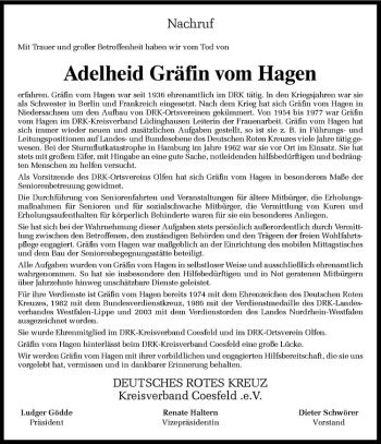 Anzeige von Adelheid Gräfin vom Hagen-Niedergebra von Westfälische Nachrichten