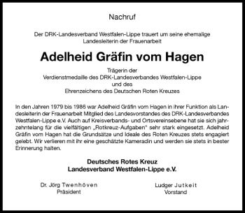 Anzeige von Adelheid Gräfin vom Hagen-Niedergebra von Westfälische Nachrichten