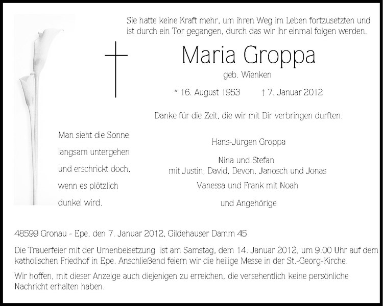  Traueranzeige für Maria Groppa vom 10.01.2012 aus Westfälische Nachrichten