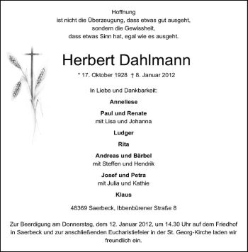 Anzeige von Herbert Dahlmann von Westfälische Nachrichten