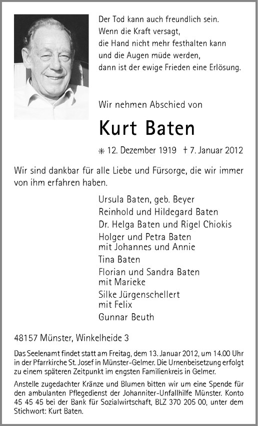  Traueranzeige für Kurt Baten vom 11.01.2012 aus Westfälische Nachrichten