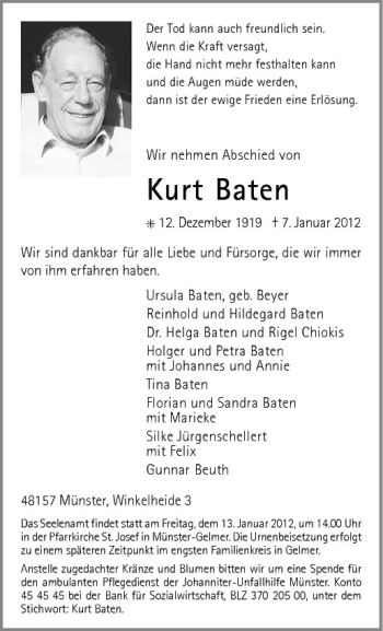 Anzeige von Kurt Baten von Westfälische Nachrichten