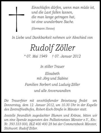 Anzeige von Rudolf Zöller von Westfälische Nachrichten