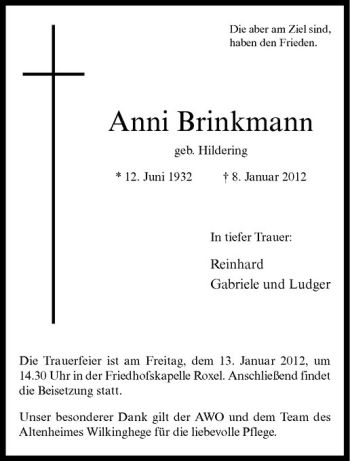Anzeige von Anni Brinkmann von Westfälische Nachrichten