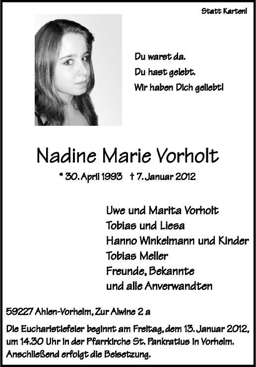  Traueranzeige für Nadine Marie Vorholt vom 11.01.2012 aus Westfälische Nachrichten