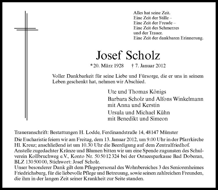  Traueranzeige für Josef Scholz vom 11.01.2012 aus Westfälische Nachrichten