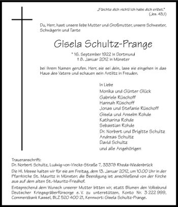 Anzeige von Gisela Schultz-Prange von Westfälische Nachrichten