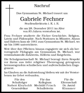 Anzeige von Gabriele Fechner von Westfälische Nachrichten