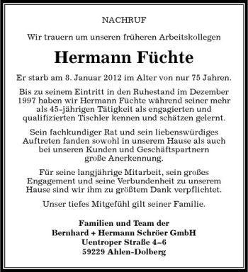 Anzeige von Hermann Füchte von Westfälische Nachrichten