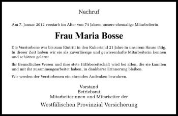 Anzeige von Maria Bosse von Westfälische Nachrichten