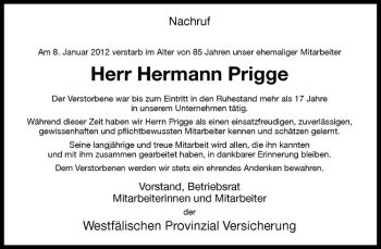 Anzeige von Hermann Prigge von Westfälische Nachrichten