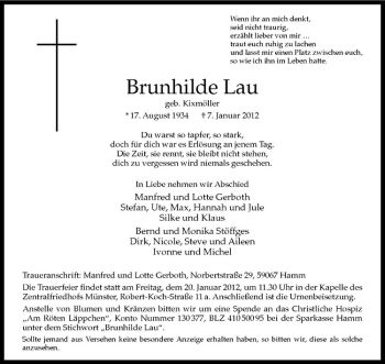 Anzeige von Brunhilde Lau von Westfälische Nachrichten