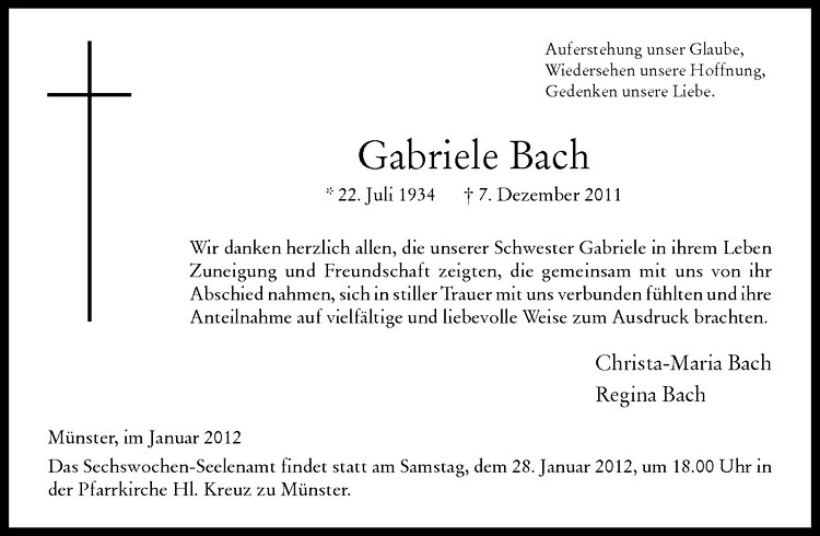  Traueranzeige für Gabriele Bach vom 14.01.2012 aus Westfälische Nachrichten