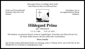 Anzeige von Hildegard Pröna von Westfälische Nachrichten