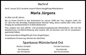 Anzeige von Maria Jürgens von Westfälische Nachrichten