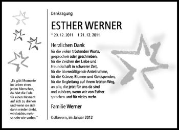 Anzeige von Esther Werner von Westfälische Nachrichten