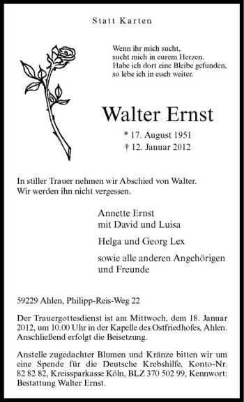 Anzeige von Walter Ernst von Westfälische Nachrichten
