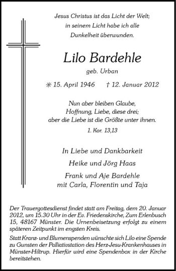 Anzeige von Lilo Bardehle von Westfälische Nachrichten