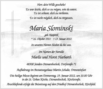Anzeige von Maria Slominski von Westfälische Nachrichten