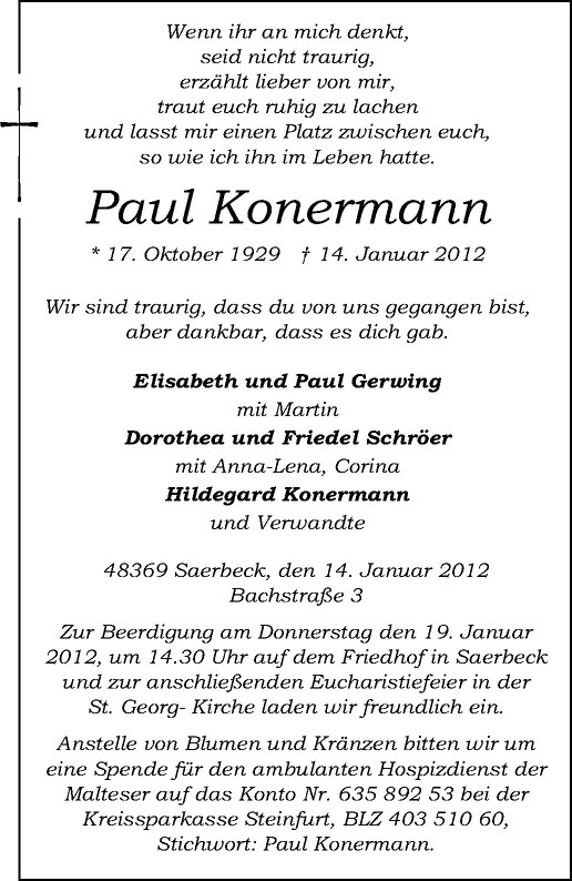  Traueranzeige für Paul Konermann vom 17.01.2012 aus Westfälische Nachrichten
