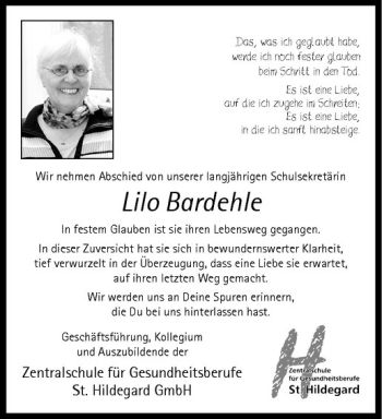 Anzeige von Lilo Bardehle von Westfälische Nachrichten