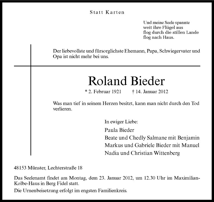  Traueranzeige für Roland Bieder vom 18.01.2012 aus Westfälische Nachrichten