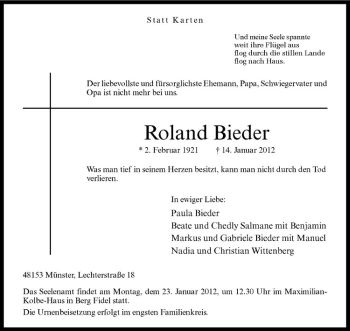 Anzeige von Roland Bieder von Westfälische Nachrichten