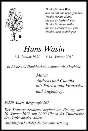 Anzeige von Hans Wasin von Westfälische Nachrichten