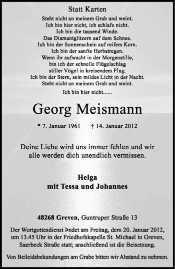 Anzeige von Georg Meismann von Westfälische Nachrichten